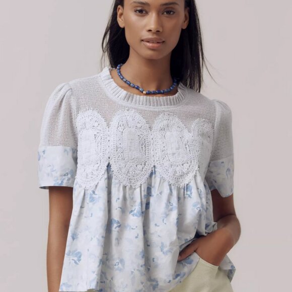 🌟NWT En Elly Iris Short-Sleeve Lace Poplin Blouse - Picture 1 of 7